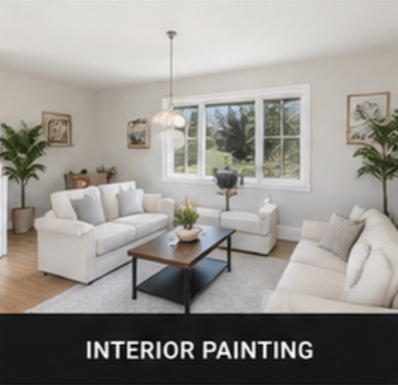 Bright living room with white sofas, a wooden coffee table, large window, potted plants, and wall art.