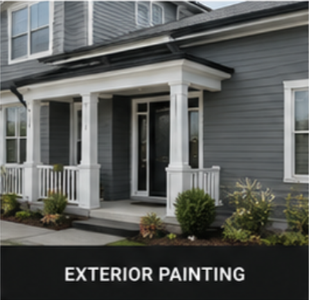 Front porch of a house with gray siding, white columns, and a small garden with bushes and flowers