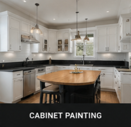 Modern kitchen with white cabinets, black countertops, a wooden kitchen island, and pendant lighting.