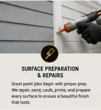 Close-up of a person applying caulk to siding of a house with a caulking gun, along with a sign promoting surface preparation and repairs.