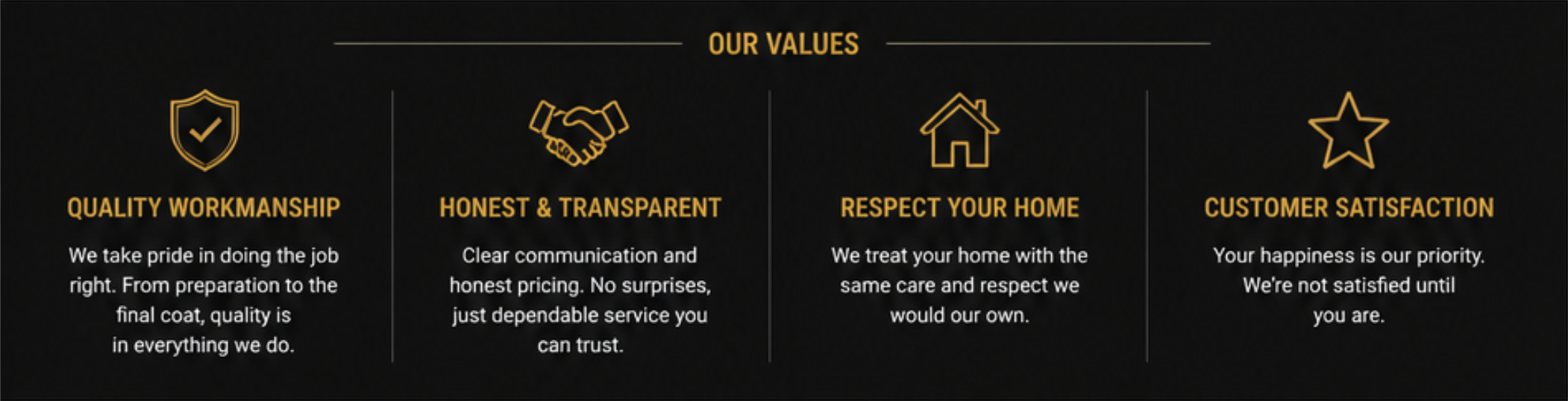 A section of a website displaying company values, including quality workmanship, honesty and transparency, respecting your home, and customer satisfaction, with icons representing each value.