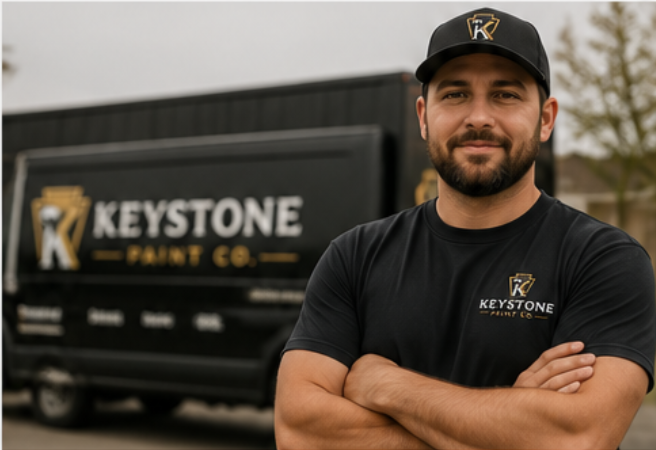 A man with a beard and mustache wearing a black baseball cap and black T-shirt with the Keystone Paint Co. logo, standing outdoors with arms crossed in front of a black Keystone Paint Co. truck.