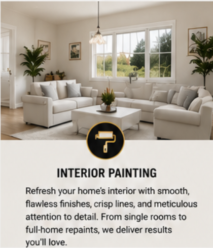A living room with white walls, large window, white sofa and armchair with gray pillows, a coffee table with a plant, framed pictures on the walls, and two large potted plants.