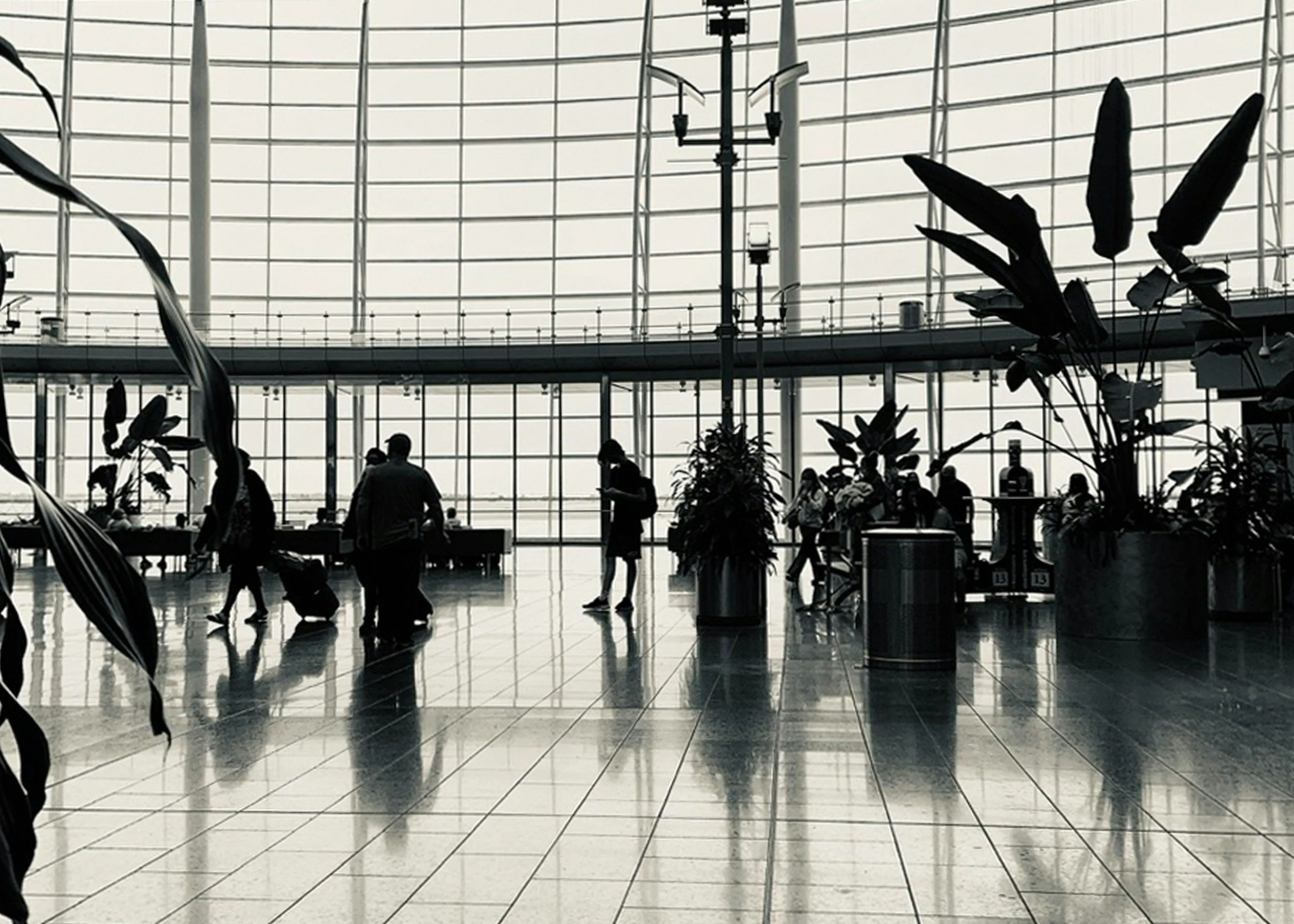 Inside an airport terminal with large glass windows, silhouettes of travelers, plants, and seating areas, with reflections on the shiny floor.