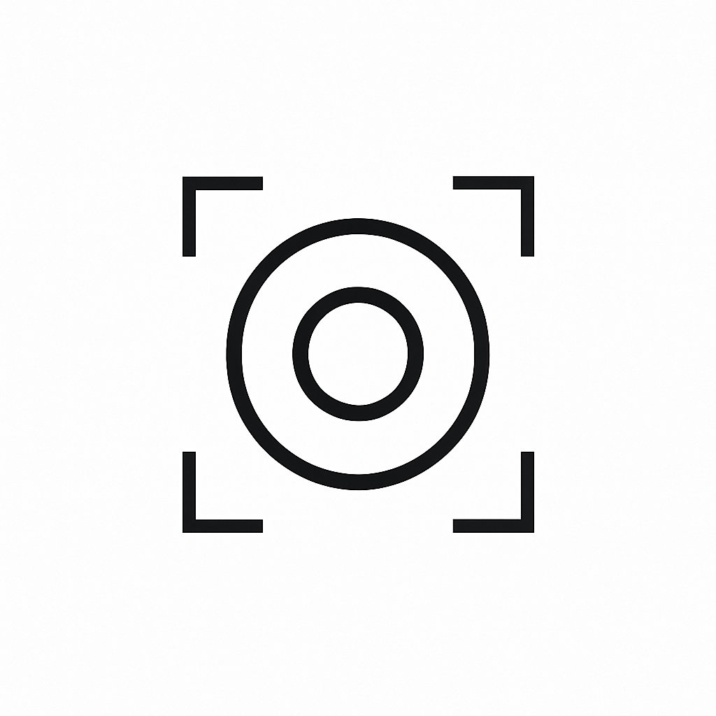 Icon van een object met twee cirkels en vier hoeken eromheen, mogelijk een focus- of cameradisplay.