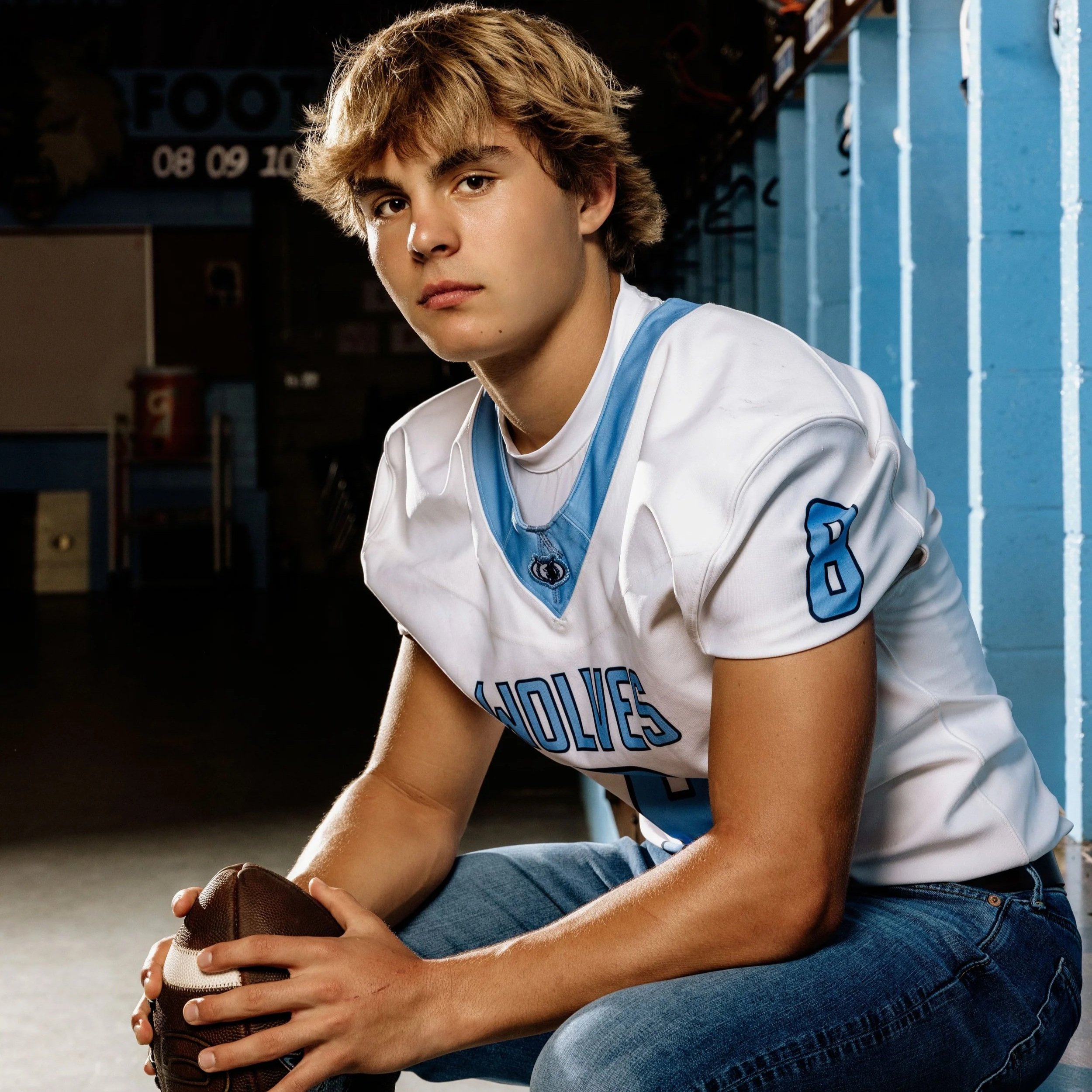 Young man in a white football jersey with light blue accents, sitting on a blue bench, holding a football.