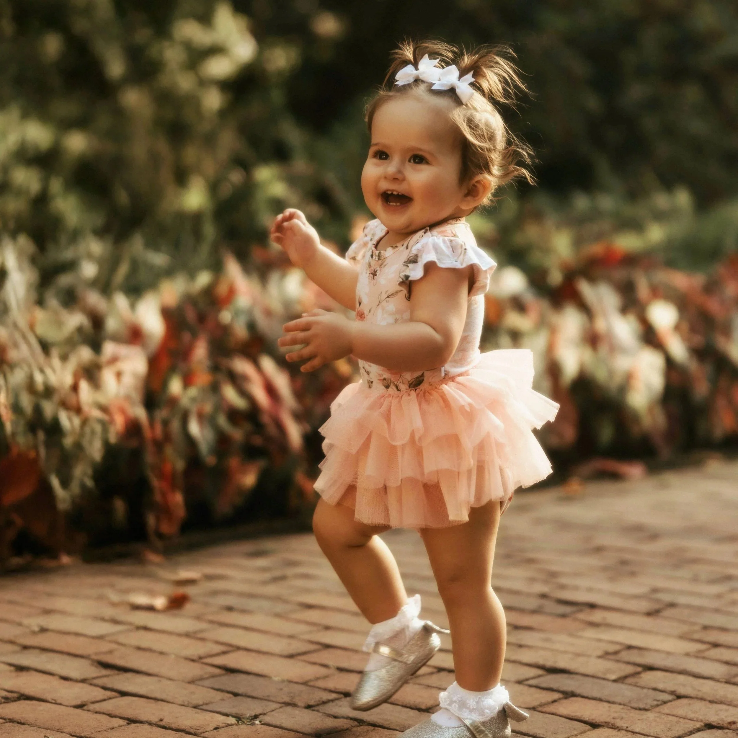 A young girl with blonde hair tied with white bows, wearing a light-colored floral dress and pink tutu, running on a brick path surrounded by blurry greenery and flowers.