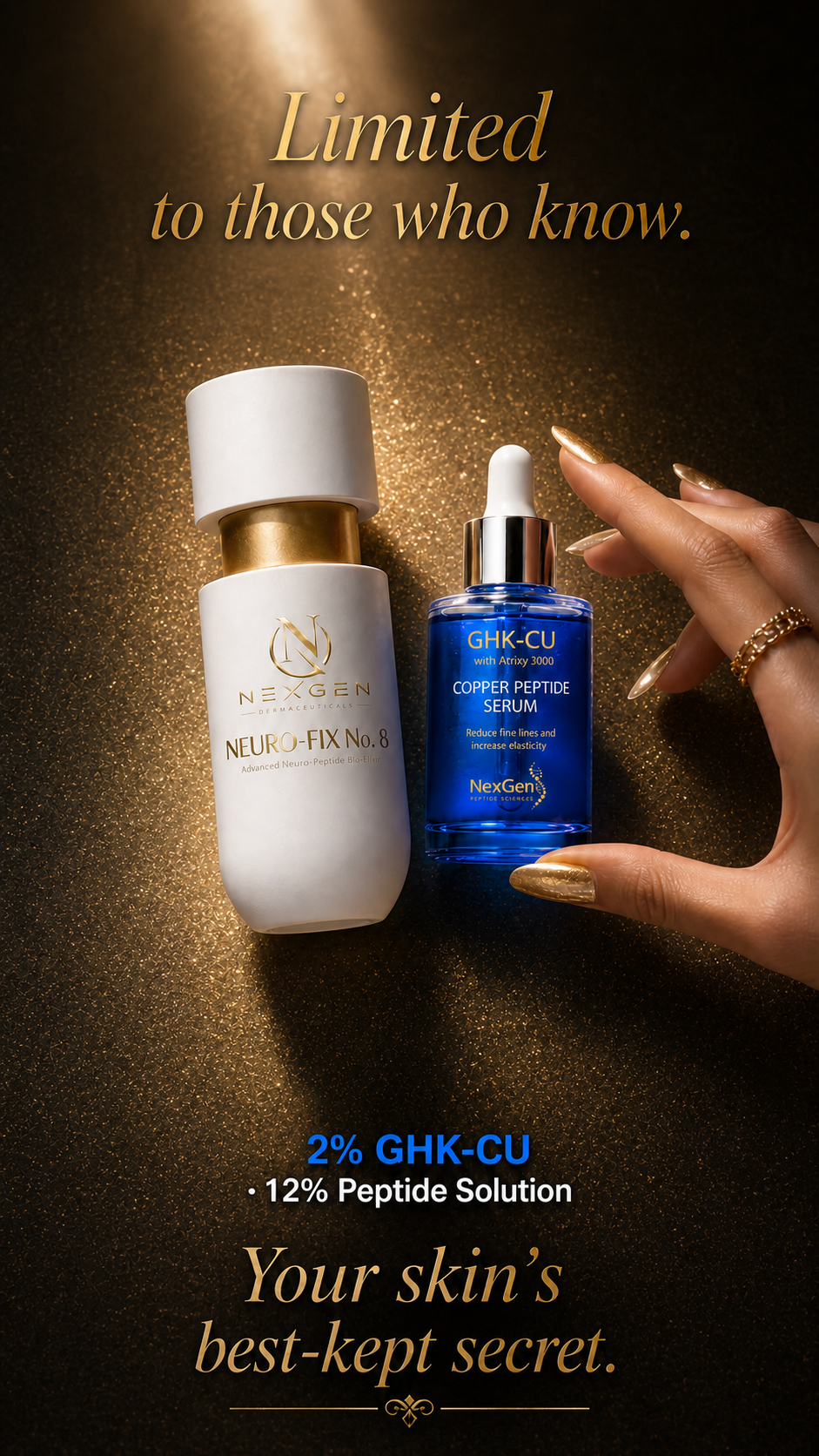 NexGen Dermaceuticals peptide skincare system featuring GHK-Cu 2% Copper Peptide Serum and NEURO-FIX No. 8.