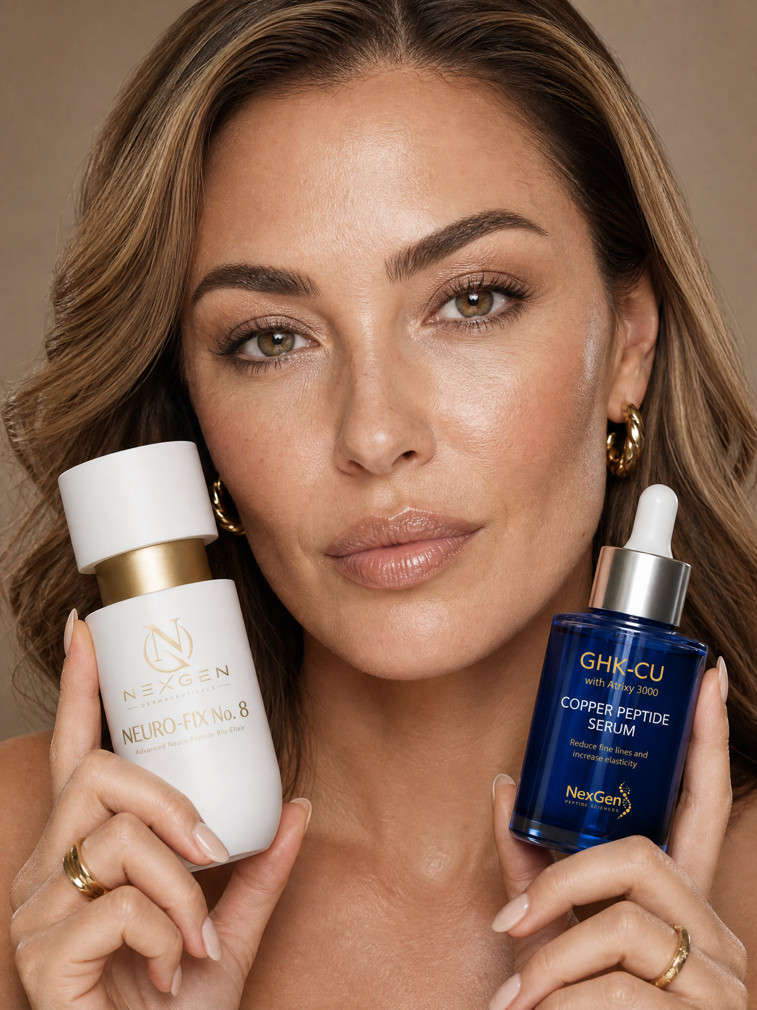 NexGen Dermaceuticals peptide skincare system featuring GHK-Cu 2% Copper Peptide Serum and NEURO-FIX No. 8.