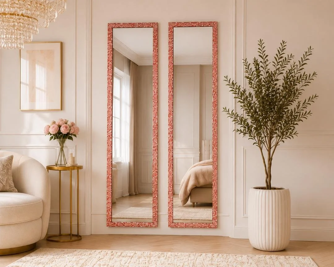 A living room with two tall, narrow mirrors with pink patterned frames, a beige stone sofa with a decorative pillow, a small round gold side table with a pink flower arrangement, a large potted plant in a white ribbed vase, and cream-colored curtains visible in the reflection of the mirrors.