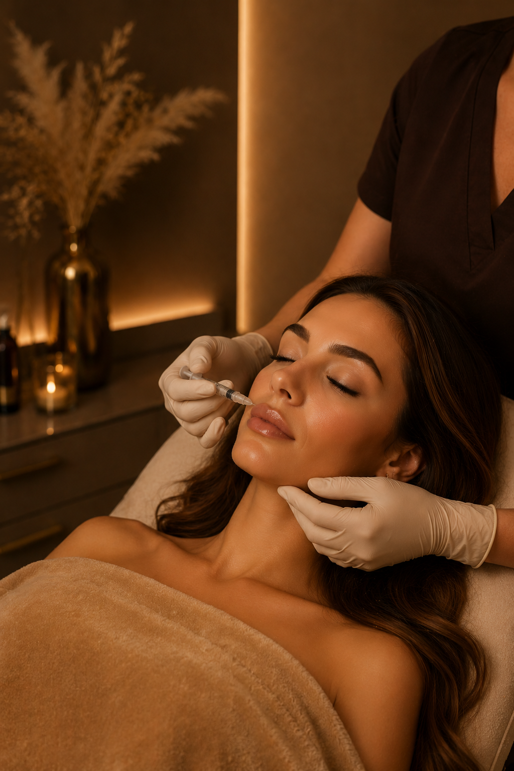 A woman receiving a cosmetic treatment on her face from a professional in a spa-like setting with warm lighting.