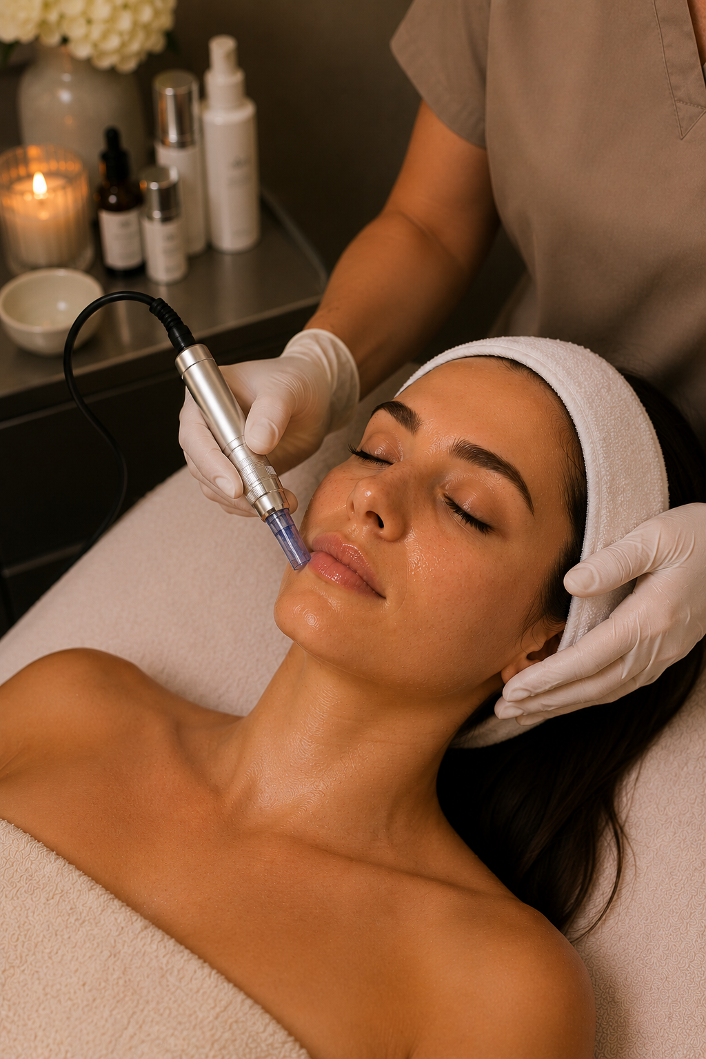 woman receiving micorneedling on  her face, with towel