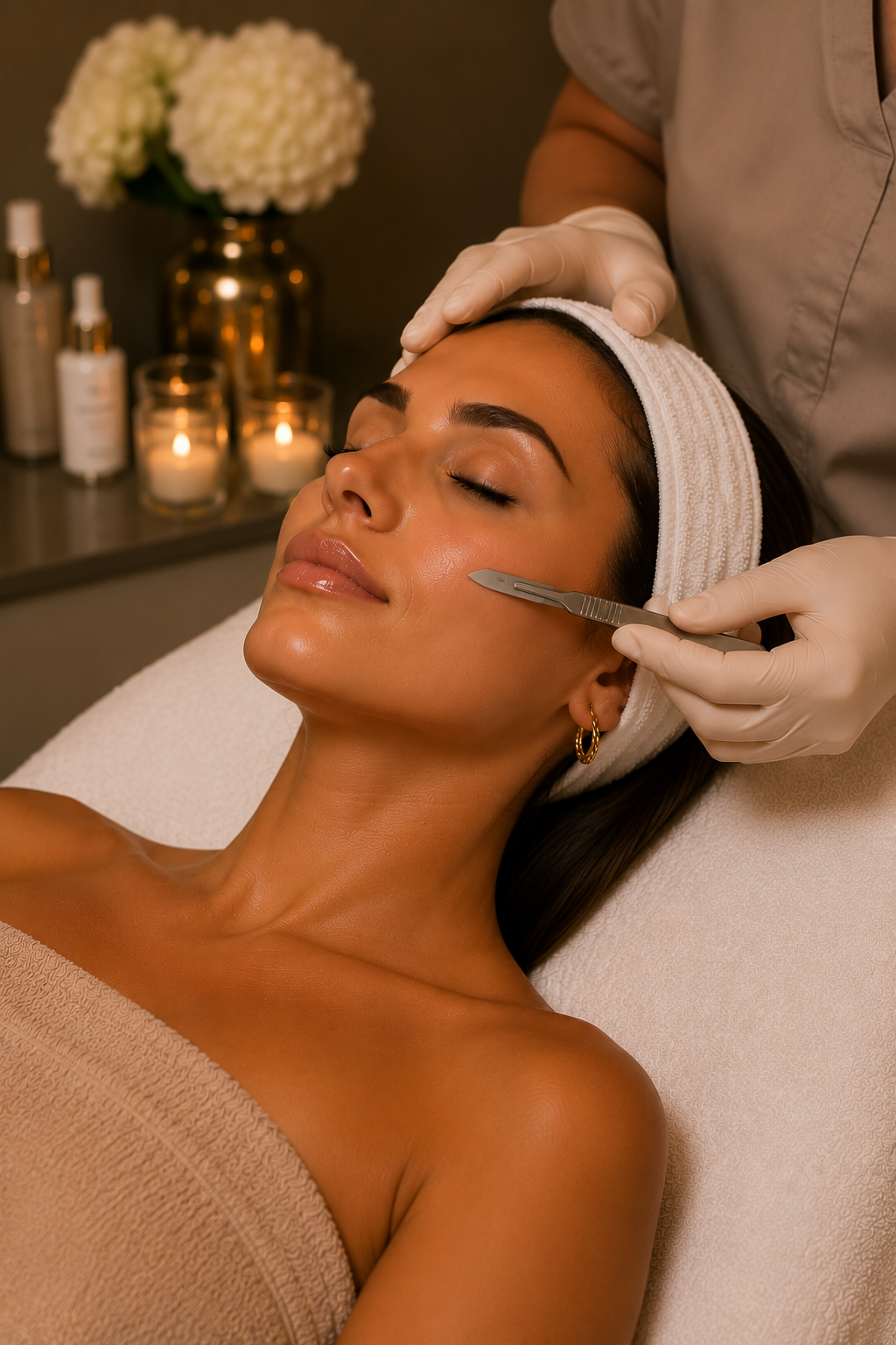 A woman receiving a facial treatment at a spa, lying on a treatment bed with her eyes closed, a headband keeping her hair back, and a skincare specialist using a scalpel-like tool on her cheek. The background includes candles and a vase with white flowers.