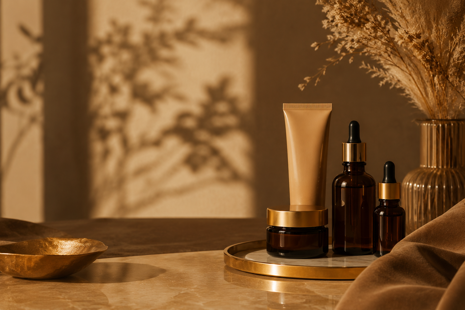 A collection of skincare bottles and jars on a round tray, positioned on a marble surface with a gold dish to the left and a large vase with dried flowers to the right, all in warm, soft lighting.