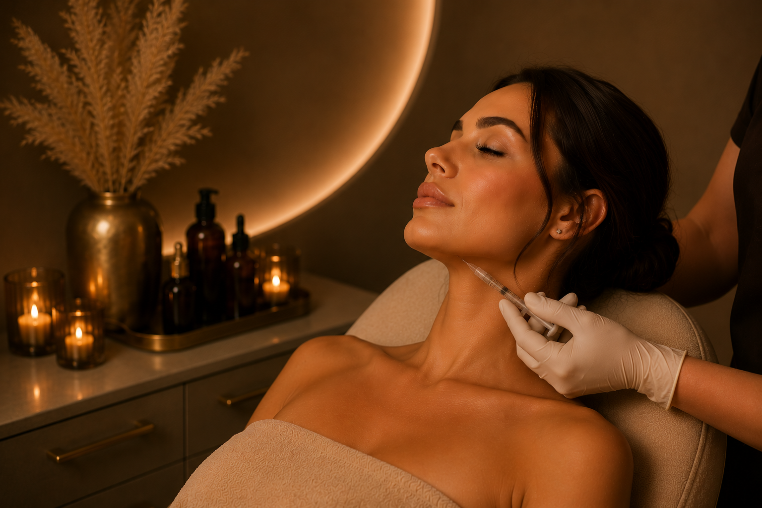 A woman receiving a facial injection in a spa or clinic setting with warm lighting and candles in the background.