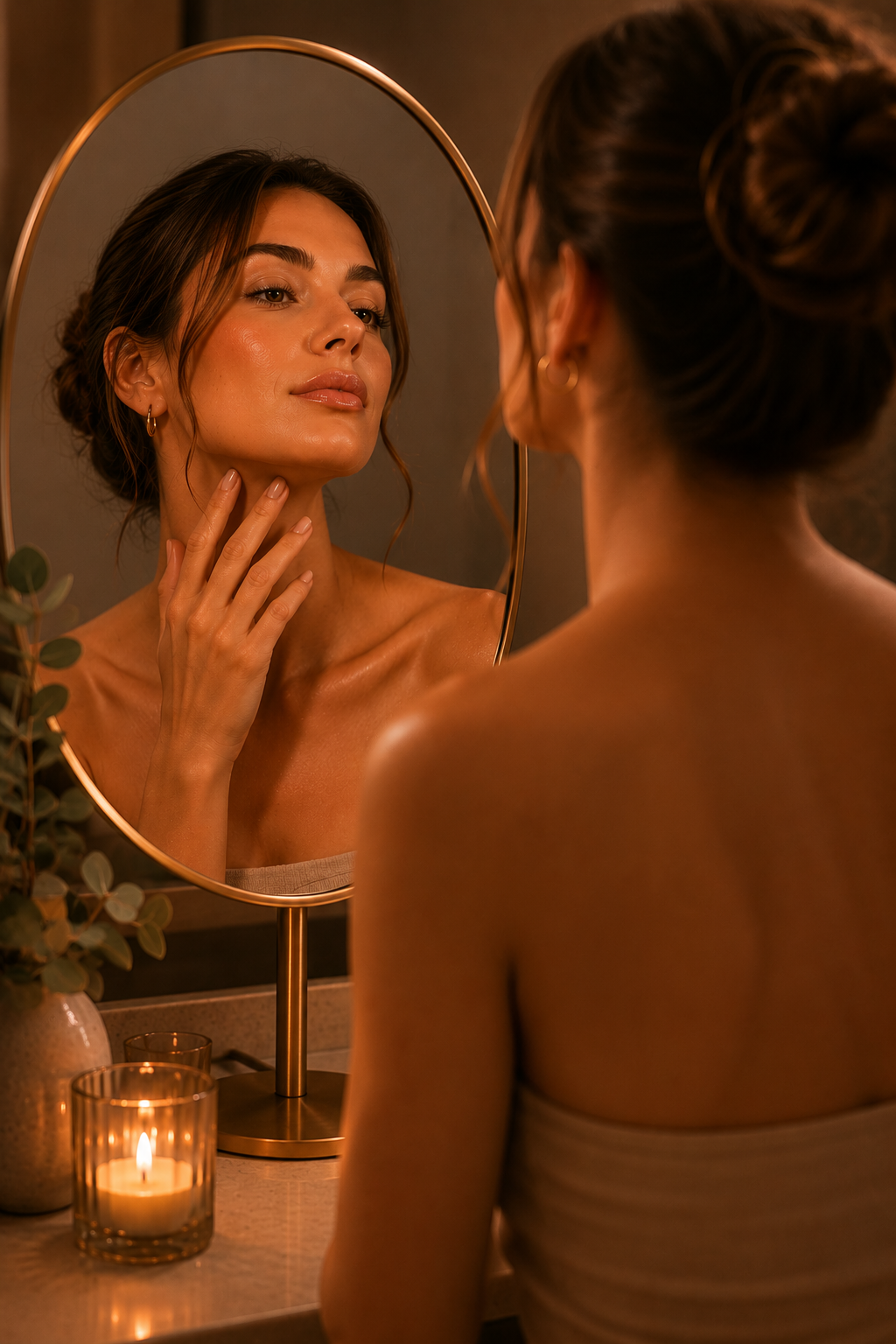 Woman looking in the mirror after Platelet Rich Plasma