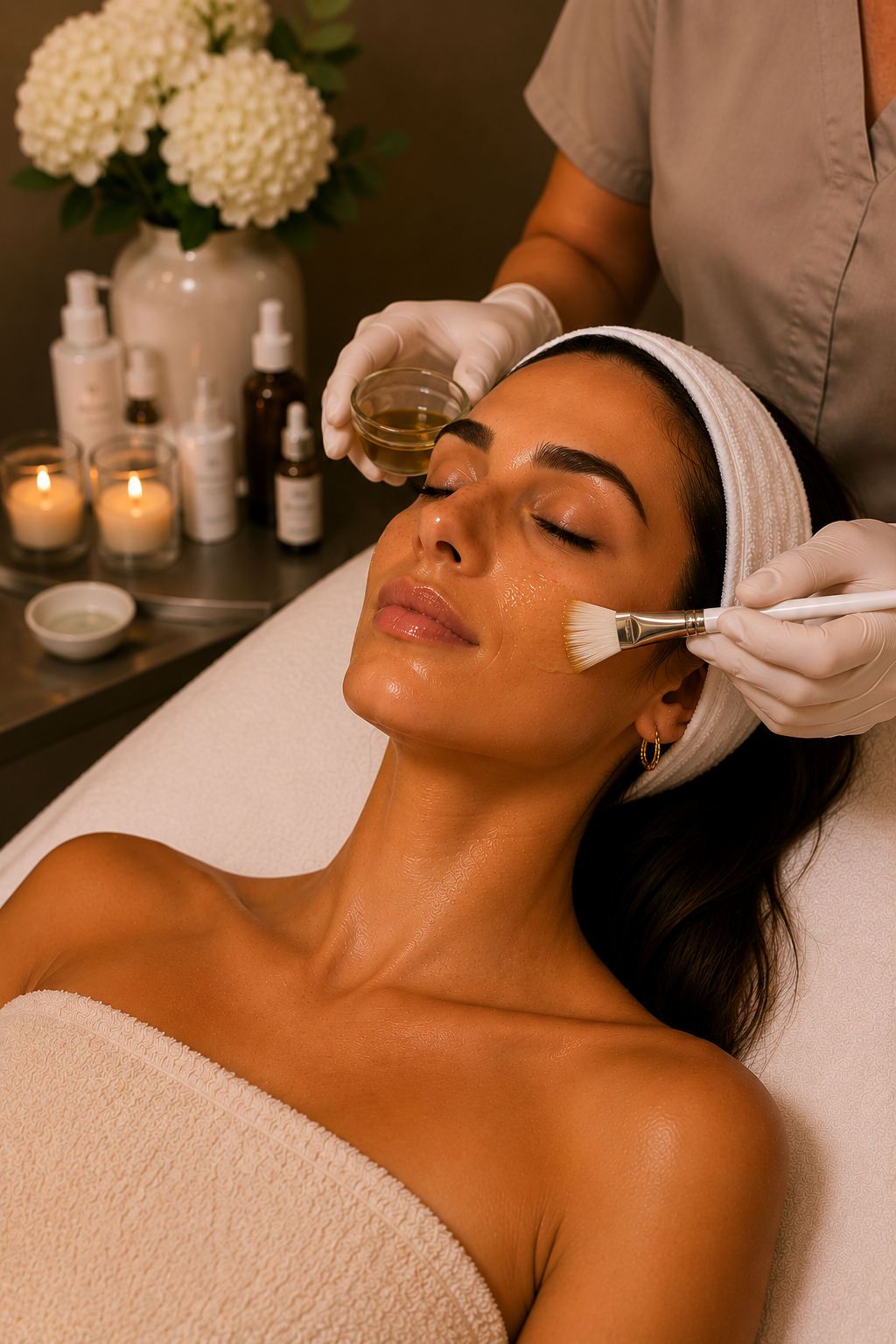 Woman receiving a facial treatment at a spa, lying down with eyes closed, while an esthetician applies skincare product with a brush. The woman has a headband, earrings, and a towel over her chest. There are candles, skincare bottles, and a flower arrangement in the background.