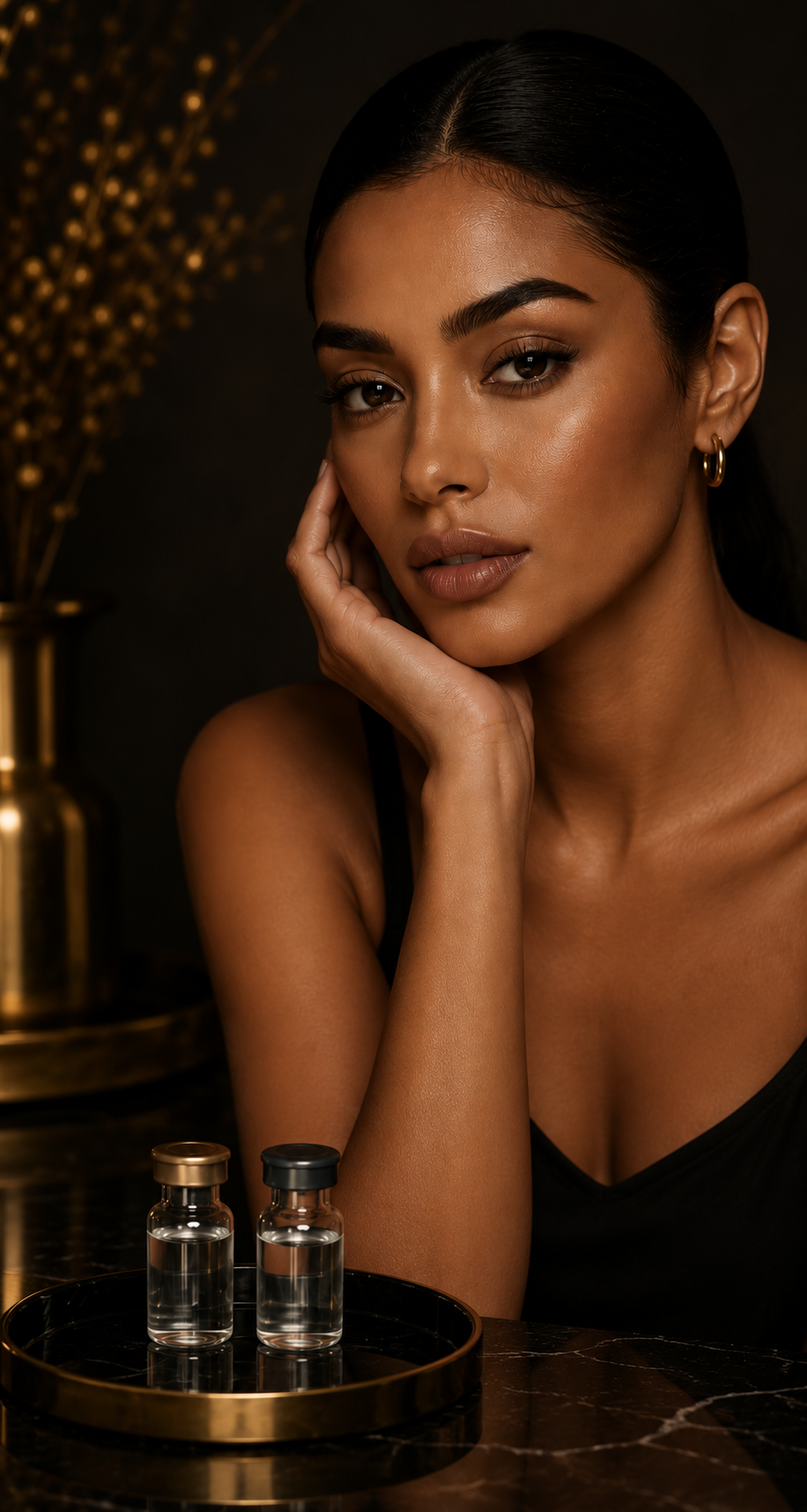A woman with dark hair, wearing gold hoop earrings, sits at a table with two small glass vials filled with a clear liquid placed on a round gold tray. She has a contemplative expression, resting her face on her hand, with a dark background and a gold decorative vase with dried flowers in the background.
