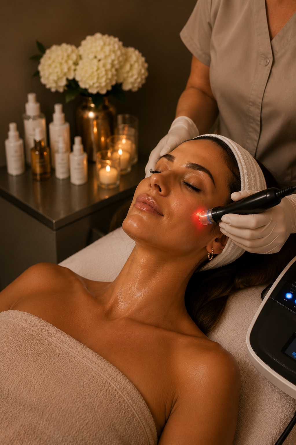 A woman receiving a facial treatment with a red laser device in a spa or clinic setting, surrounded by candles and skincare products.