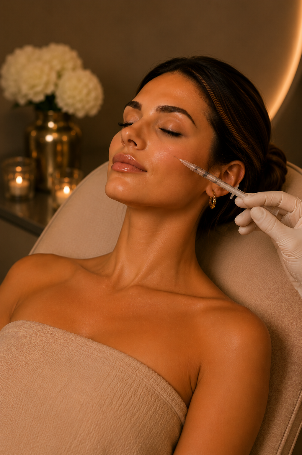 A woman receiving a cosmetic injection on her cheek in a spa or clinic setting.