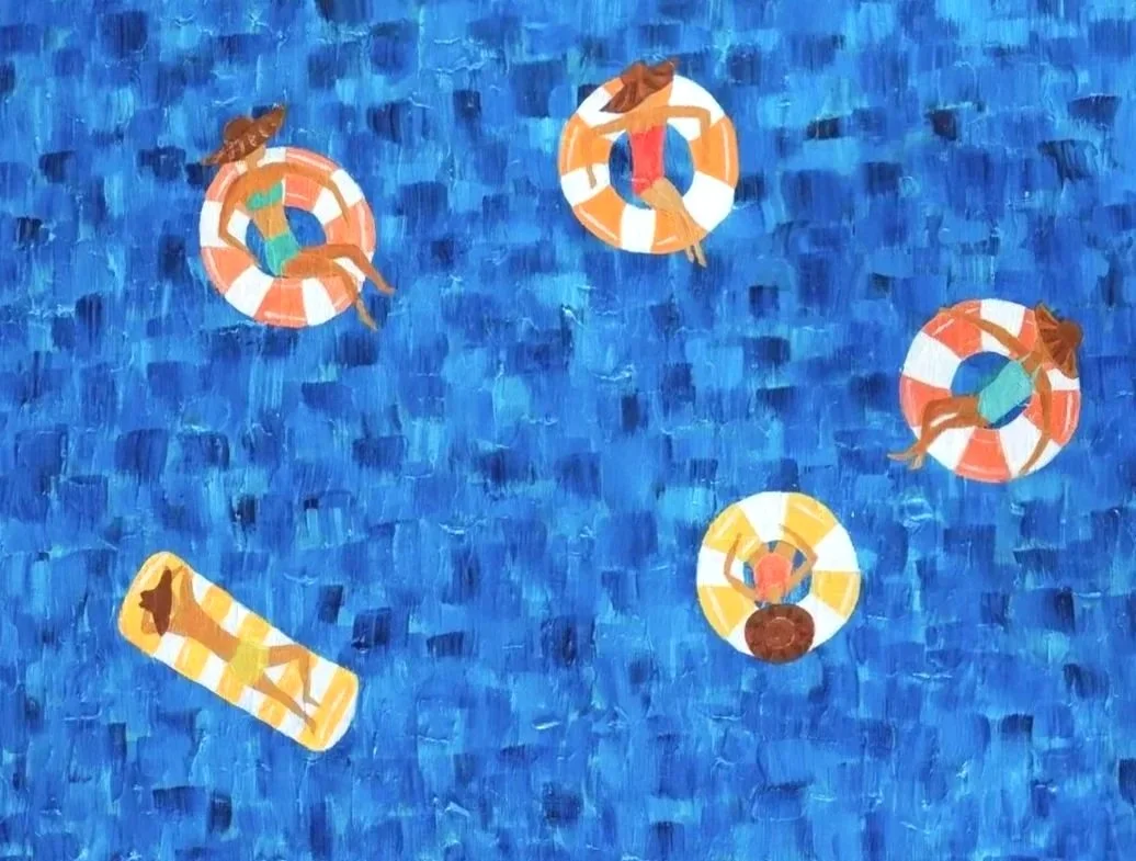 Painting of five women in swimsuits relaxing on pool floats in a blue swimming pool.