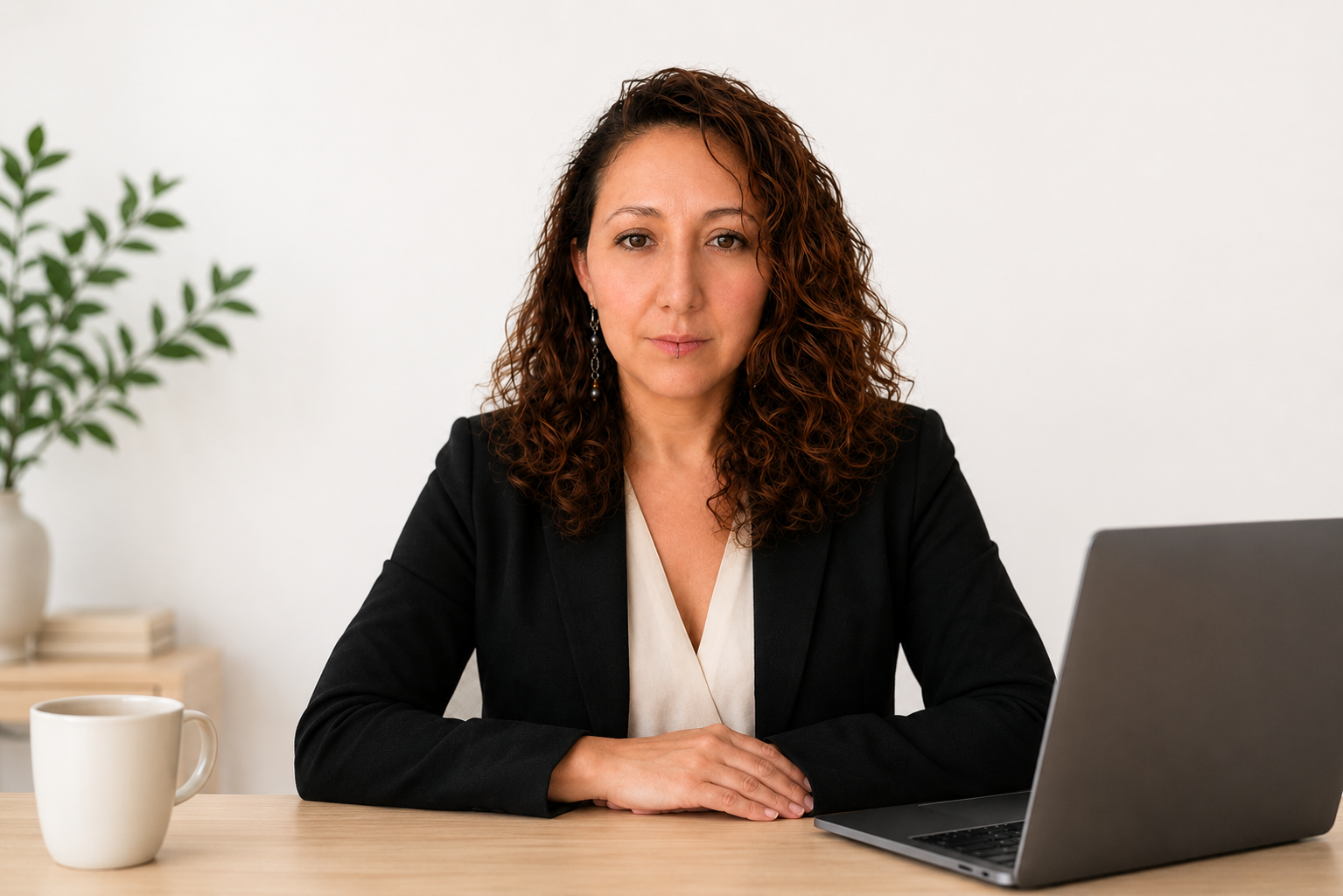 A woman sitting at a desk with a laptop, mug, and potted plant in the background.