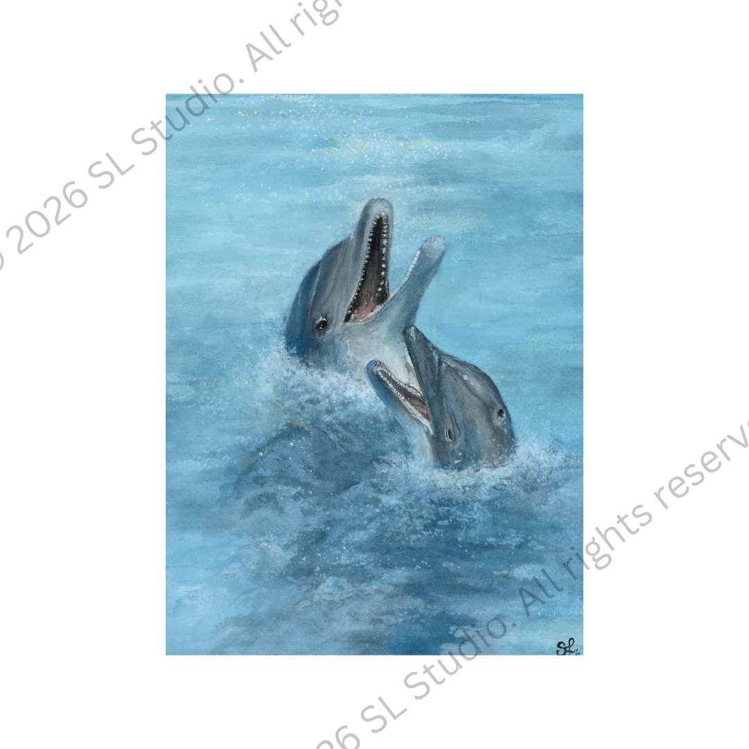 "Dolphin Tales." Watercolor, 2026.
