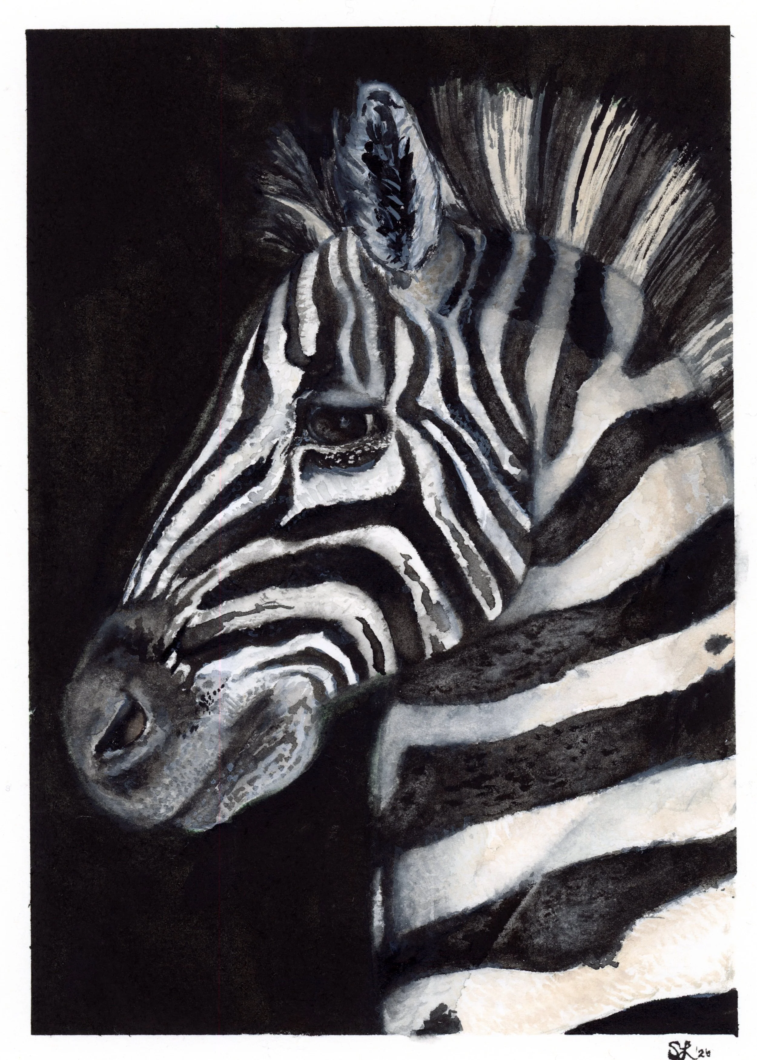 Black and white abstract painting of a zebra's face and stripes, with bold contrast and expressive brushstrokes.