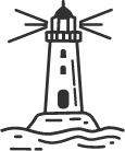 Black and white illustration of a lighthouse on a rocky shoreline with light beams shining outward.