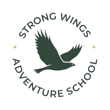 Logo with a flying eagle and the text 'Strong Wings Adventure School' arranged in a circle
