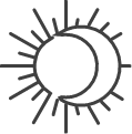 Black and white sun symbol with a crescent moon in the center