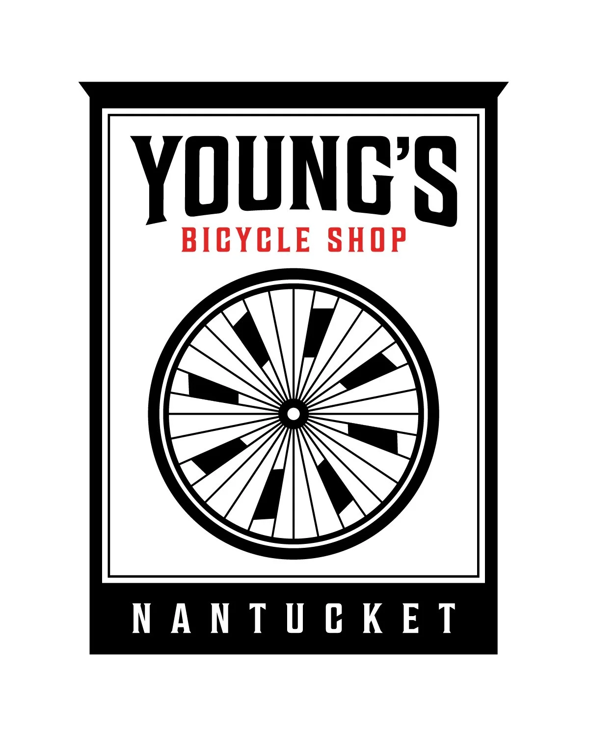 Sign for Young's Bicycle Shop in Nantucket featuring a stylized bicycle wheel.