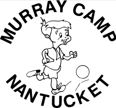 Logo of Murray Camp Nantucket featuring a cartoon dog walking and holding a tennis ball with the camp name curved around.