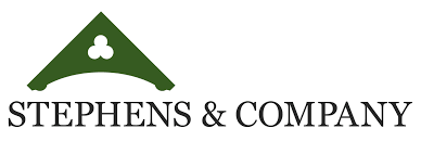 Logo for Stephens & Company featuring a green triangular shape with a small clover-like symbol and the company name in black text.