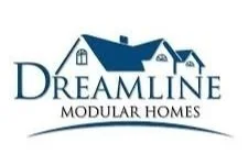 Logo for Dreamline Modular Homes with a graphic of houses and the company name.