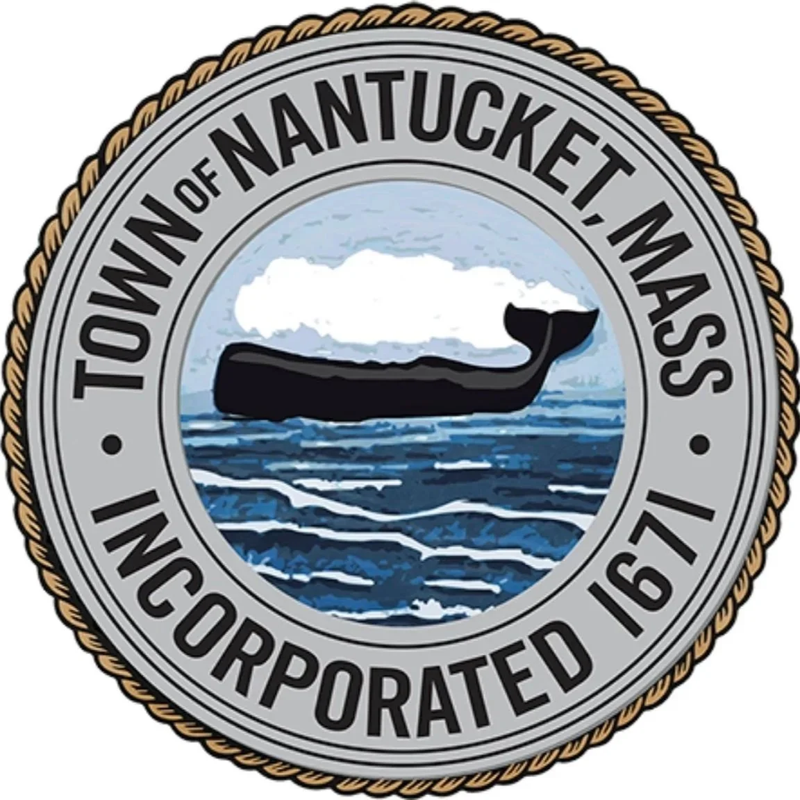 Seal of the Town of Nantucket, Massachusetts, featuring a whale breaching the ocean, surrounded by a rope border with the text "Town of Nantucket, Mass" and "Incorporated 1671".