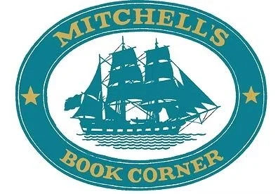 Logo for Mitchell's Book Corner featuring a sailing ship inside an oval with teal and gold colors.