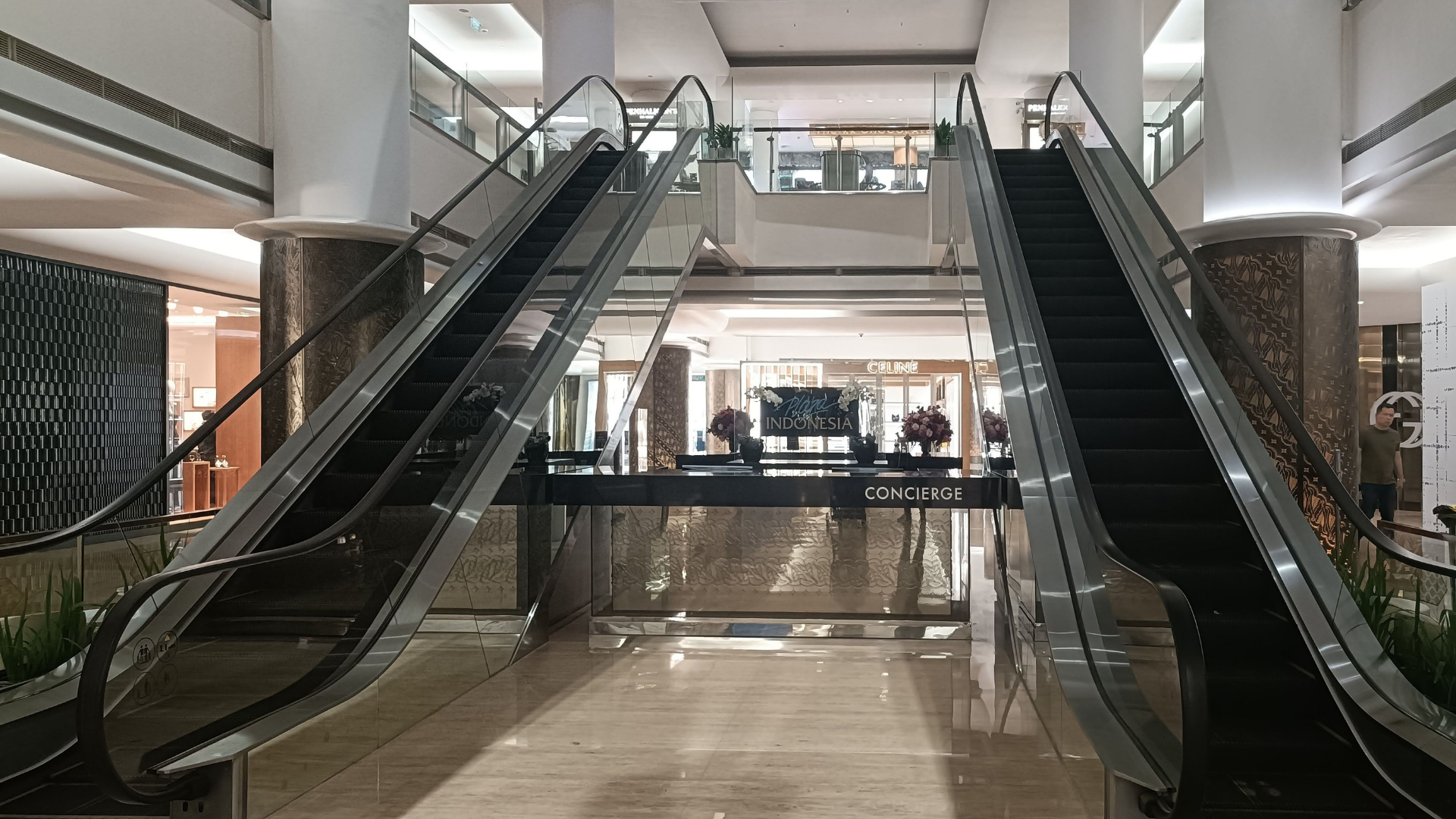 Dos escaleras eléctricas en un centro comercial, con tiendas y decoraciones florales en el fondo.