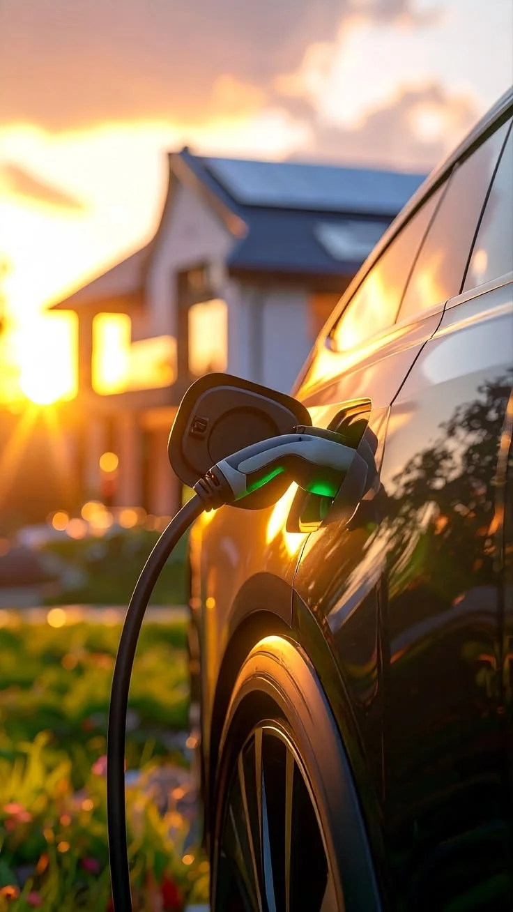 Coche eléctrico enchufado en un puerto de carga durante el atardecer.