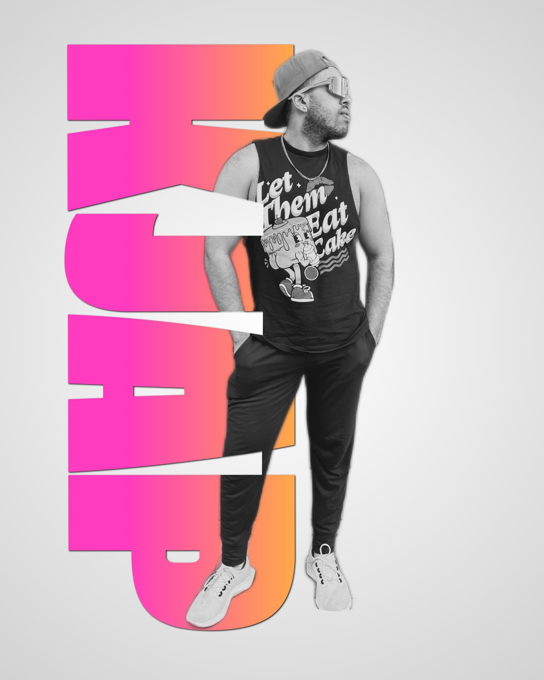 A black and white photograph of a young man with a beard, wearing a cap backwards, sunglasses, a sleeveless T-shirt with a cartoon character, and black pants. He stands with his hands in his pockets against a plain white background. Behind him is a large, stylized pink and orange number five, with a portion cut out.