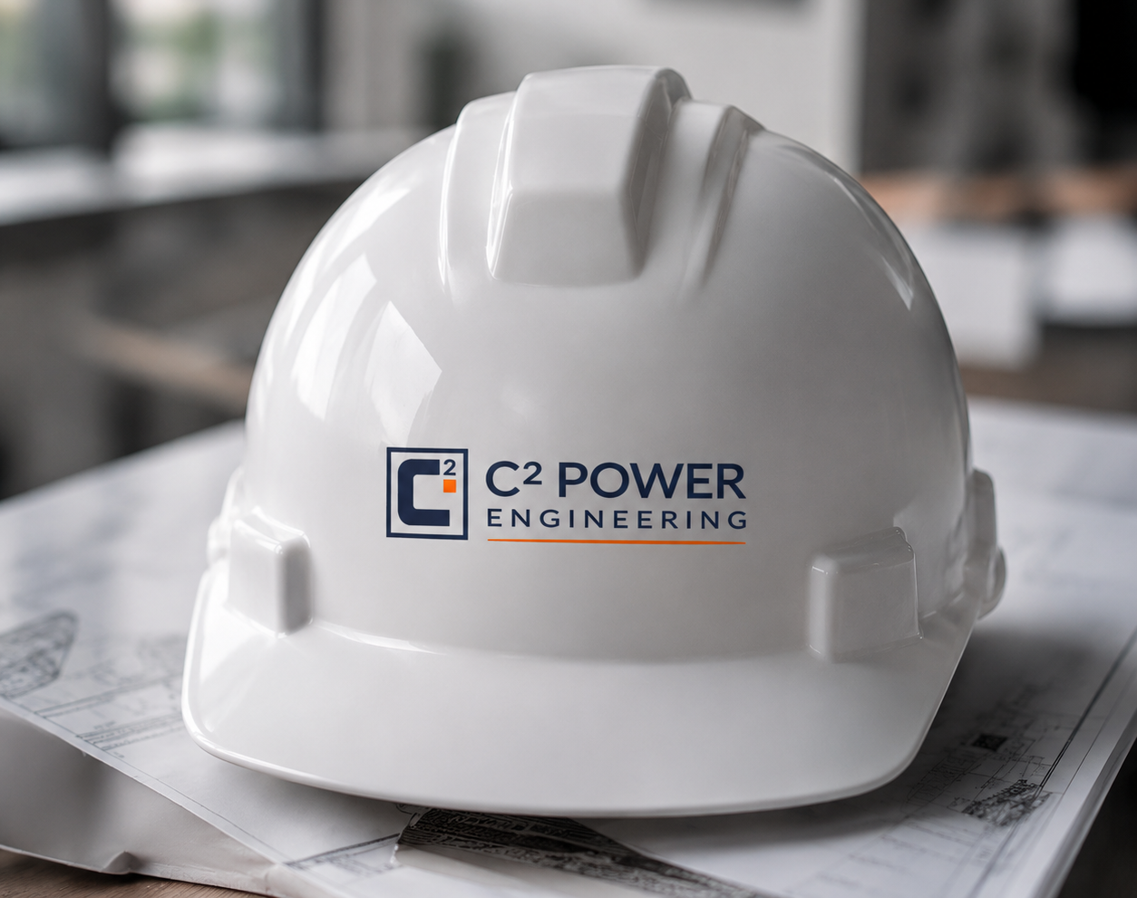 White safety helmet with 'C2 Power Engineering' logo on top of architectural plans on a desk.