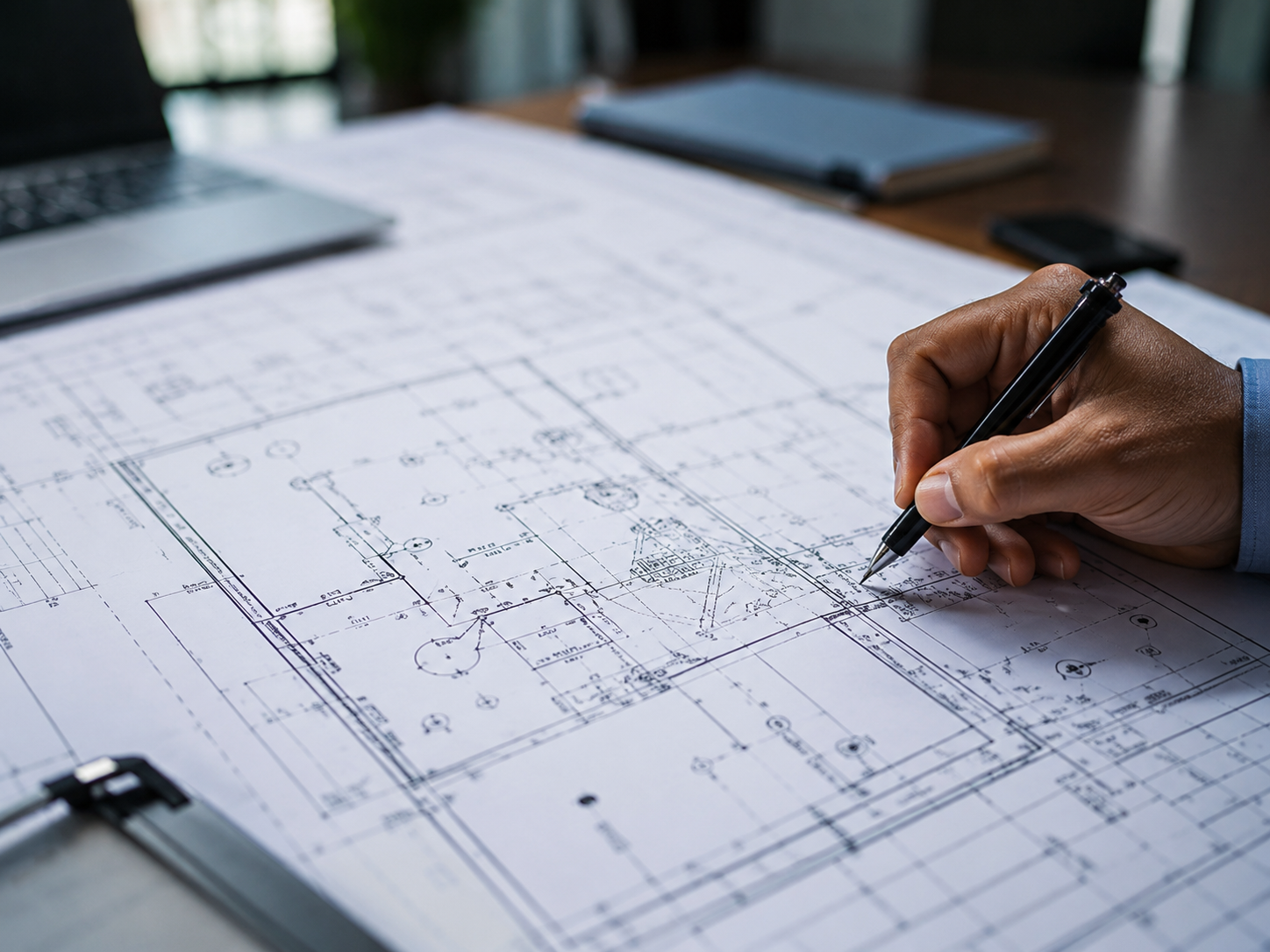 A person with a blue sleeve working on detailed architectural blueprints on a large table, with a laptop, notebooks, and a phone in the background.