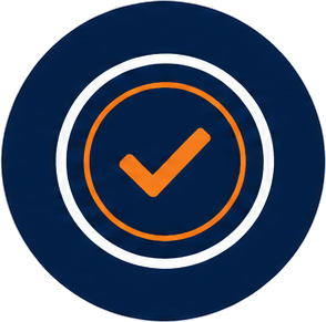 Blue circular icon with a white outline and an orange checkmark inside indicating completion or approval.