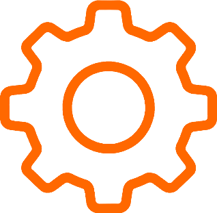 An orange outline of a gear or cogwheel on a black background.