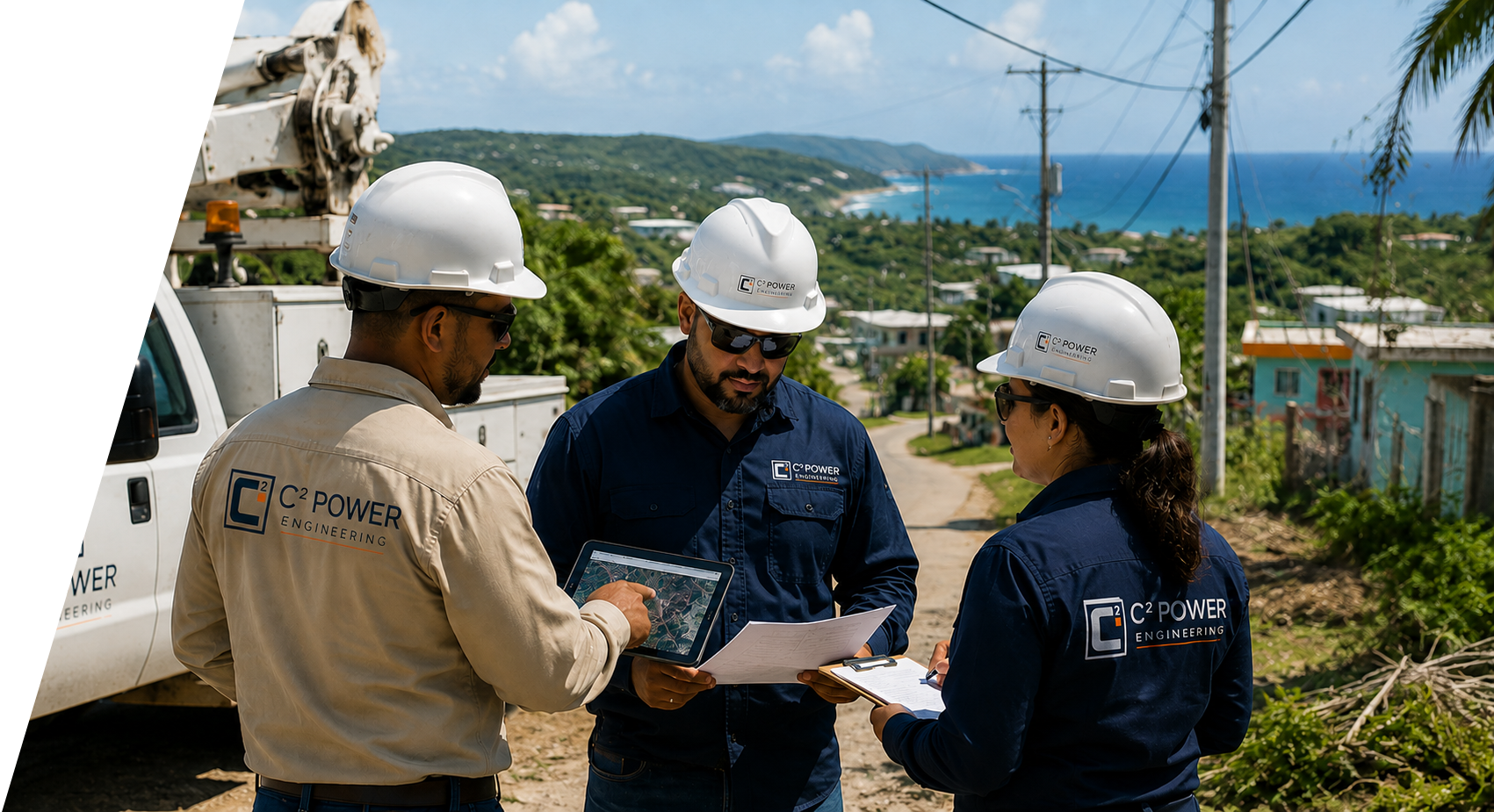 Three construction workers in safety helmets and uniforms standing outdoors, discussing plans and looking at a tablet and papers, with a coastal town and ocean in the background.