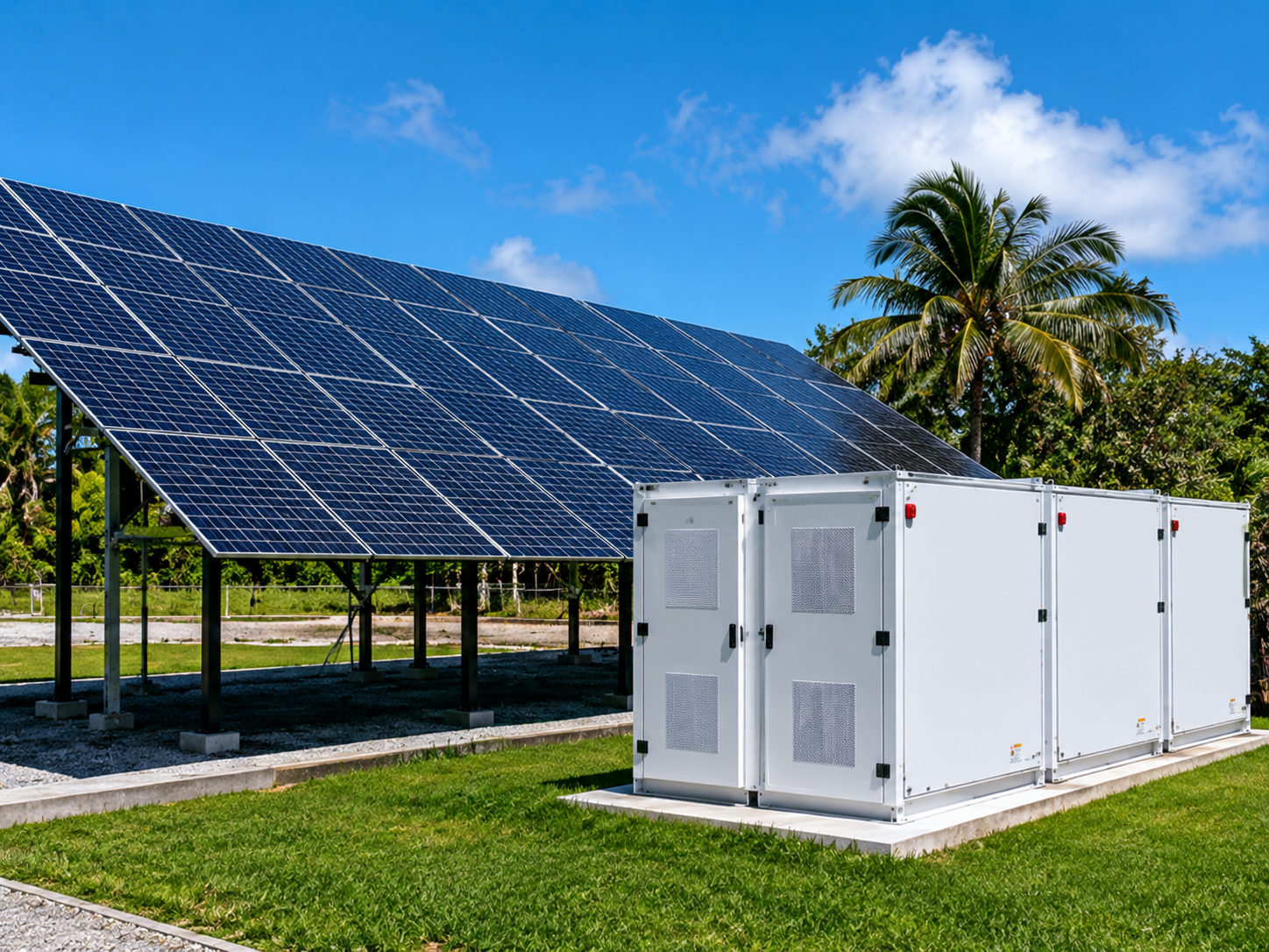 Solar panels and white electrical equipment outdoors with a palm tree and blue sky in the background.