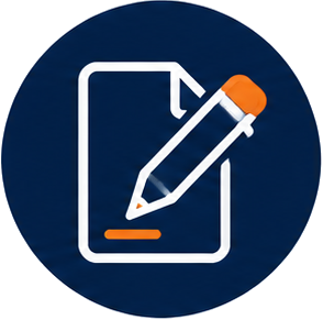 Icon of a document with a pencil writing on it, on a dark blue circular background.