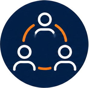Icon of three people connected in a circle, symbolizing teamwork or collaboration, with a dark blue background.