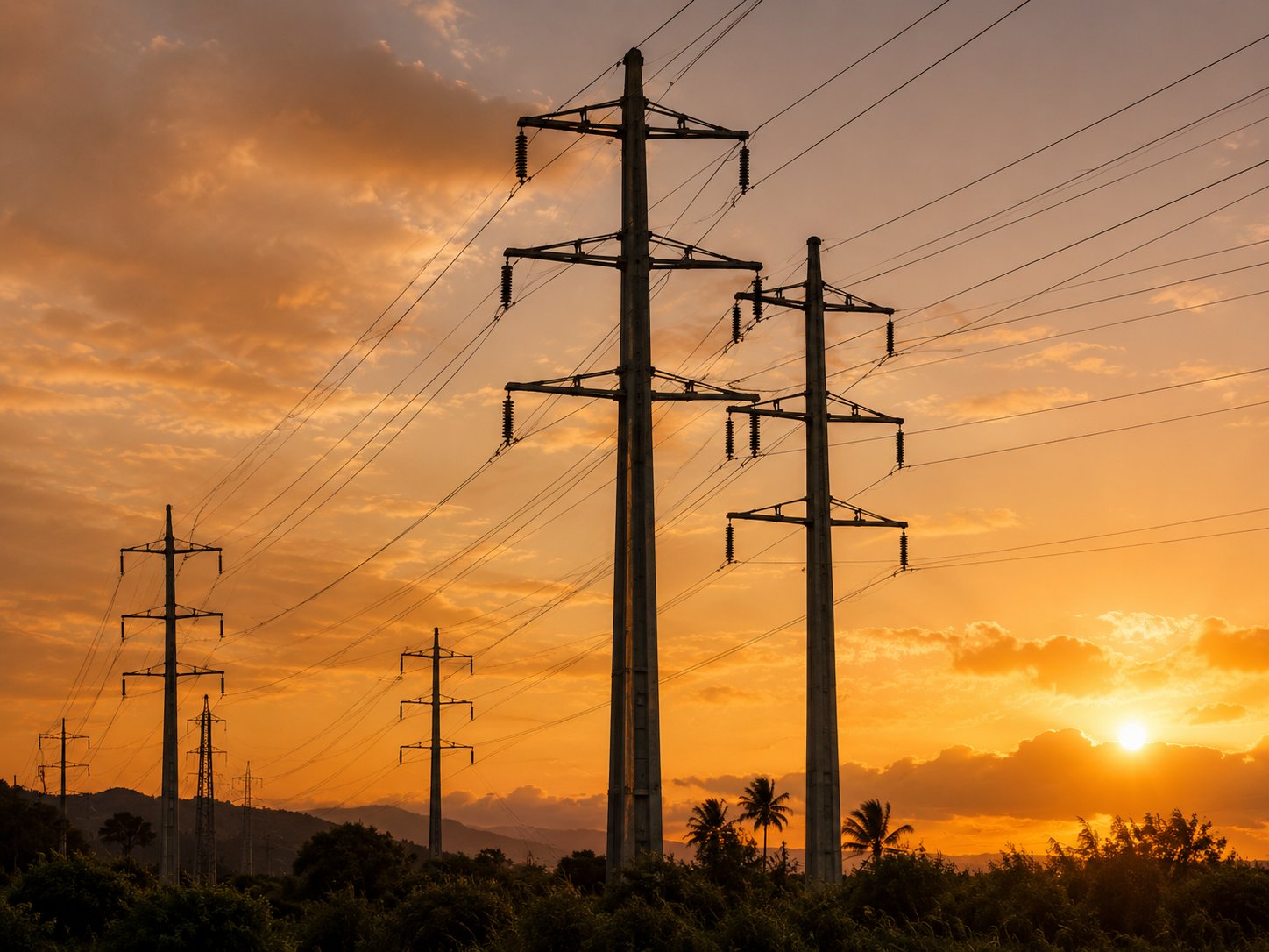 Power poles and electrical wires against a sunset sky with clouds and palm trees.