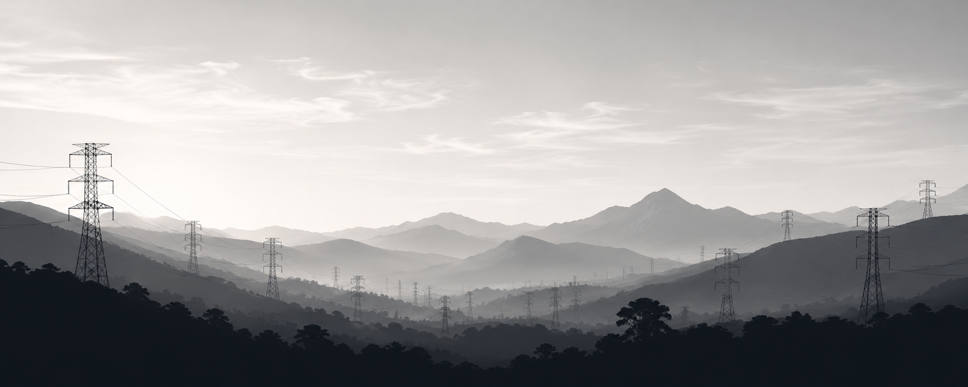 Black and white landscape of mountains with multiple electricity pylons and power lines stretching across the scene.